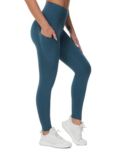 THE GYM PEOPLE Thick High Waist Yoga Pants with Pockets, Tummy Control Workout Running Yoga Leggings for Women Green Blue - Image 1