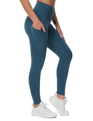 THE GYM PEOPLE Thick High Waist Yoga Pants with Pockets, Tummy Control Workout Running Yoga Leggings for Women Green Blue - Image 1