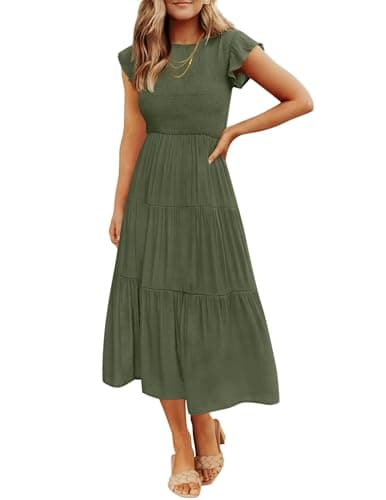 ZESICA Women's 2025 Summer Casual Flutter Short Sleeve Crew Neck Smocked Elastic Waist Tiered Midi Dress,Army Green,Medium - Image 1