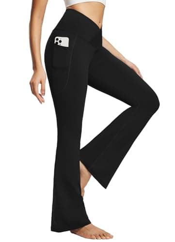 baleaf Women's Flare Leggings with Pockets Crossover Flared High Waist Petite Yoga Pants Tummy Control Bootcut Leggings Black 29" M - Image 1
