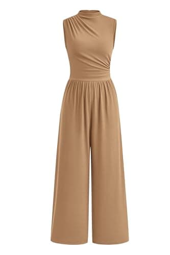 PRETTYGARDEN Womens Summer Jumpsuits Dressy Casual One Piece Outfits Sleeveless Mock Neck Wide Leg Pants Rompers with Pockets (Style2-Camel,Medium) - Image 1