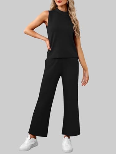 Casly Lamiit Two Piece Travel Outfits for Women Summer Sets Lounge Sets 2025 Fashion 2 Piece Matching Spring Trending Tracksuit Sleeveless Round Neck Top Wide Leg Pants Black M - Image 5