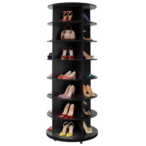 Gujiam Wood 7-Tier Rotating Shoe Rack Tower, 360 with Wheels, Shoe Tree Organizer for Entryway Closet Bedroom, Space-Saving Design, Compact Tower, 66.9 Inch - Black - Image 1