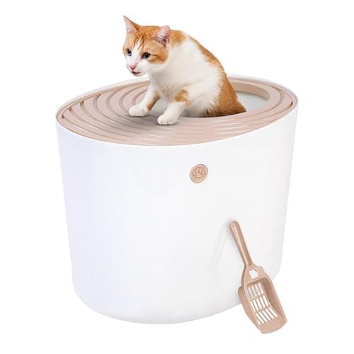 IRIS USA Cat Litter Box, Large Top Entry with Litter Catching Lid and Scoop, Dog Proof, Cat Box Enclosure, Beige/White - Image 1