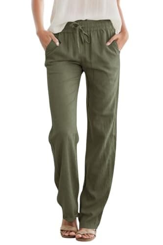 SEMARO Womens Casual Linen High Waist Pants Drawstring Loose Fit Summer Pants Trousers with Side Pockets Army Green - Image 1