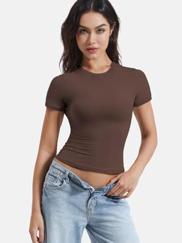 YEOREO Women Fitted Workout Tops Short Sleeve Double Lined Basic Y2K Going Out Crew Neck Compression Crop Top Coffee M - Image 5