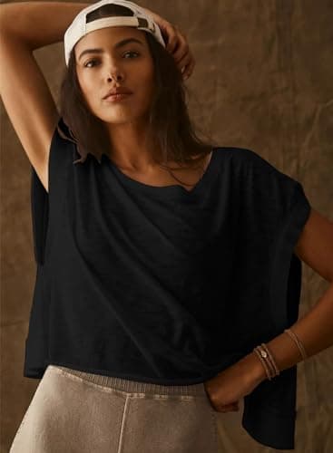 Kumufenc Women Short Sleeve Workout Shirts Open Back Tops Casual Yoga Y2k Athletic Gym Slouchy Crop Running Tees(Black,M) - Image 2