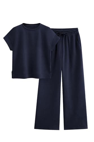 PRETTYGARDEN 2 Piece Outfits For Women Casual Tracksuit Short Sleeve Tops And Wide Leg Long Pants Matching Lounge Sets (Navy, X-Large) - Image 1
