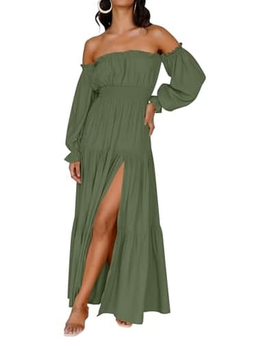 ZESICA Women's 2025 Boho Sexy Off Shoulder Long Sleeve Smocked High Waist Side Split Flowy A Line Tiered Long Maxi Dress,Olive,Medium - Image 1