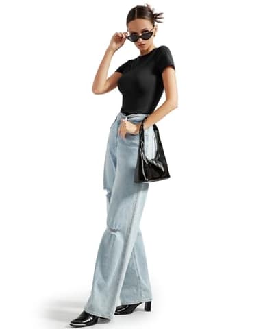 SUUKSESS Women Double Lined Fitted Basic Tee Shirts Crew Neck Short Sleeve Y2K Going Out Crop Tops (Jet Black, S) - Image 4