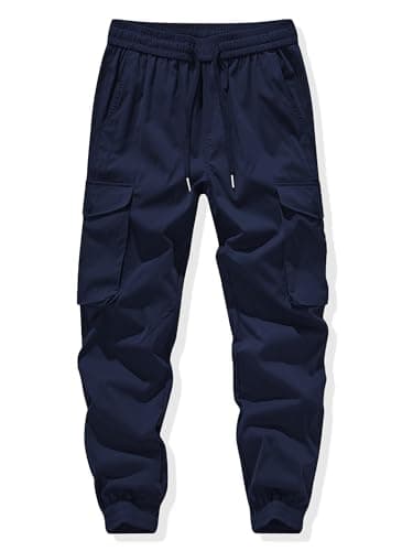 JMIERR Men's Casual Pants Comfy Slim Fit Elastic Waist Drawstring Stretch Tapered Athletic Work Hiking Workout Lightweight Cargo Joggers Sweatpants with Pockets Fall Clothing, S, Navy Blue - Image 6