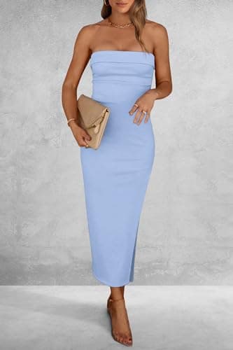 PRETTYGARDEN Women's Summer Bodycon Maxi Tube Dress Ribbed Strapless Side Slit Long Going Out Casual Elegant Party Dresses (Light Blue,Medium) - Image 7