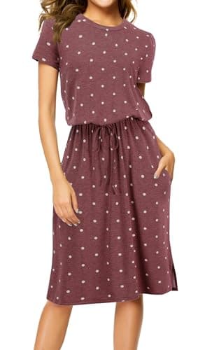 Women Summer Short Sleeve Teacher Casual Midi Knee Dress Dot Red XL - Image 1