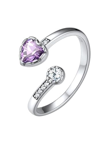 Silvora 925 Sterling Silver Heart Birthstone Adjustable Open Ring Dainty Birthstone Ring Birthstone Gemstone Rings Birthday Gift for Women - Image 1