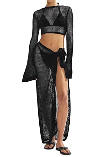 LANNEW Women's Swimsuits Cover Ups Set for Crochet Bathing Suit Hollow Out 2 Piece Bikini Coverup Beach Swimwear Black - Image 1