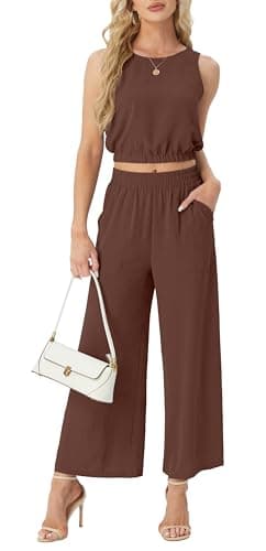 GRECERELLE 2 Piece Sets for Women Summer Resort Wear 2025 Sleeveless Crop Top Wide Leg Pants Sweat Set for Women Coffee-L - Image 2