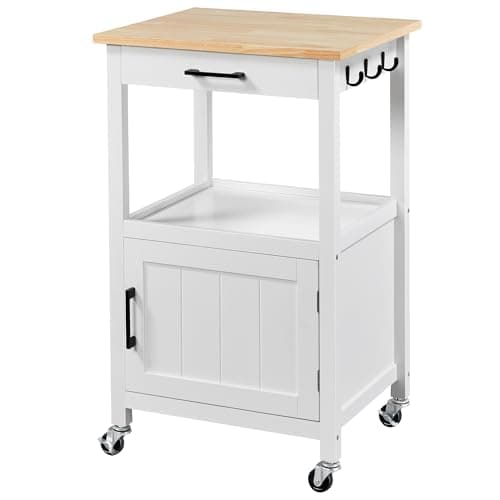 Yaheetech Rolling Kitchen Island with Single Door Cabinet, Kitchen Cart with Drawer on Swivel Wheels, Small Coffee Cart Microwave Stand with 3 Side Hooks for Dining Room, White - Image 1