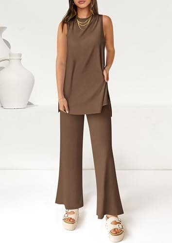 PRETTYGARDEN Women's 2 Piece Lounge Set 2025 Summer Casual Loose Tank Top Wide Leg Pants Matching Travel Outfits Tracksuit (Dark Khaki,Large) - Image 3