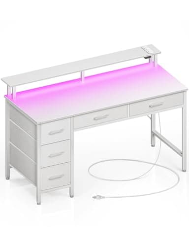 Seventable Computer Desk with Power Outlets & LED Light, 47 inch Home Office Desk with 5 Drawers, Writing Desk with Monitor Stand, Work Desk for Home Office, White - Image 1