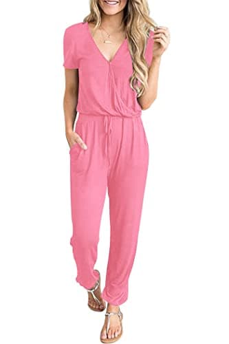 PRETTYGARDEN Jumpsuits for Women 2025 Spring Summer Casual Dressy Short Sleeve Romper Airport Vacation Travel Outfits (Rose Pink,Large) - Image 1