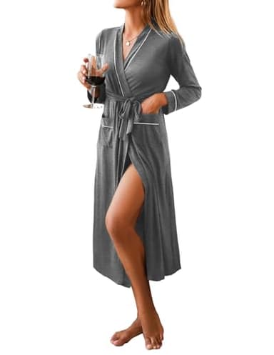 Ekouaer Women Kimono Robes Full Length Knit Bathrobe Lightweight Soft Sleepwear V-neck Casual Ladies Loungewear - Image 1
