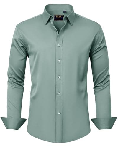J.VER Men's Dress Shirts Solid Long Sleeve Stretch Wrinkle-Free Formal Shirt Business Casual Button Down Shirts Green Grey Medium - Image 1