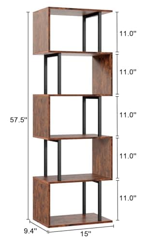 Furologee 6 Tier Bookshelf, Tall S Shaped Geometric Bookcase, Modern Display Shelf Standing Unit, Wood Metal Decorative Divider Rack for Living Room Bedroom Office, Rustic Brown - Image 3
