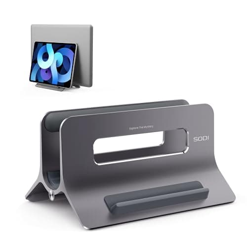 SODI Vertical Laptop Stand for Desk, Gravity Auto Lock MacBook Stand, Aluminum Laptop Holder Vertical Compatible with MacBook Pro, Air, Tablet, Space-Saving Organize Work & Home Office, Gray - Image 1