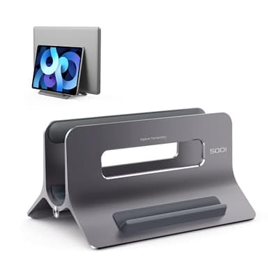SODI Vertical Laptop Stand for Desk, Gravity Auto Lock MacBook Stand, Aluminum Laptop Holder Vertical Compatible with MacBook Pro, Air, Tablet, Space-Saving Organize Work & Home Office, Gray - Image 1