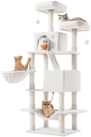 Feandrea Cat Tree, 66.1-Inch Large Cat Tower, Multi-Level Plush Condo with 13 Scratching Posts, 2 Perches, 2 Caves, Basket, Hammock, Pompoms, Cream White UPCT165T01 - Image 2
