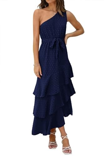 PRETTYGARDEN Women's Summer Floral Sundress Casual One Shoulder Tiered Ruffle Flowy Midi Beach Boho Dresses (Swiss Dot Navy,Large) - Image 1