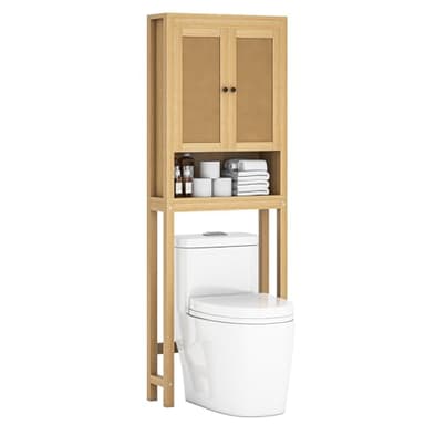 knoworld Rattan Over The Toilet Storage Cabinet, Above Toilet Bathroom Organizer with Adjustable Shelf, Behind Toilet Cabinet, Space Saver for Restroom, Bathroom, Laundry, Wood Rack, Natural - Image 9