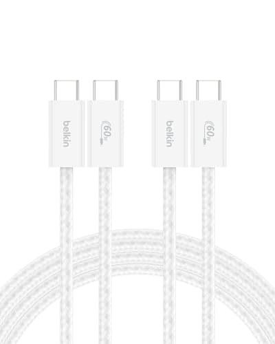 Belkin USB C to USB C Cable 2-Pack, 6.6ft, 60W - Type C Charger, iPhone Charger Cord, Soft, Braided, Flexible for iPhone 16, Galaxy S25, Pixel 9, Airpods, iPad Pro & More, Travel Essentials - White - Image 1