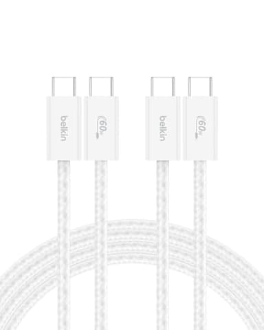 Belkin USB C to USB C Cable 2-Pack, 6.6ft, 60W - Type C Charger, iPhone Charger Cord, Soft, Braided, Flexible for iPhone 16, Galaxy S25, Pixel 9, Airpods, iPad Pro & More, Travel Essentials - White - Image 1