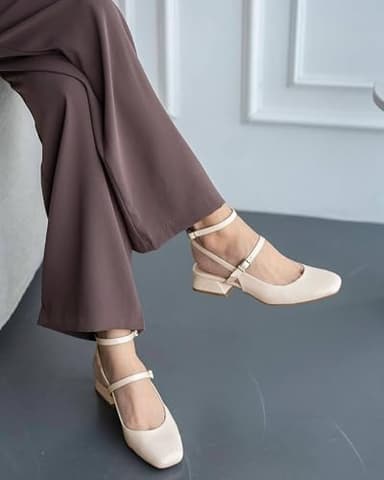 Coutgo Womens Mary Jane Chunky Low Heels Closed Square Toe Ankle Strap Pumps Wedding Party Dress Shoes, Beige, Size 6.5 - Image 2