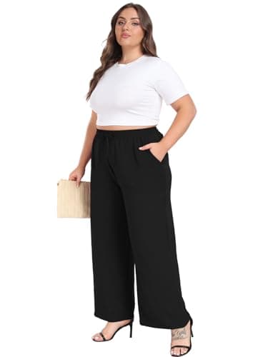 Lastshe Women's Plus Size Wide Leg Pants Summer Stretchy Drawstring Waistband Comfortable Fit Casual Trousers Pants with Pockets,Black,2X - Image 5
