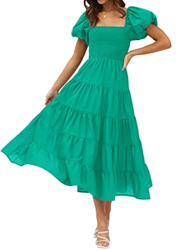 ZESICA Women's 2025 Summer Square Neck Short Puff Sleeve Solid Color High Waist Casual Smocked Flowy A Line Tiered Midi Dress,Green,X-Small - Image 1