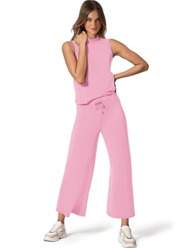 SAMPEEL Two Piece Set for Women Summer Outfits Vacation Trendy Lounge Sets Mock Neck Matching Sets Women Clothing Wide Leg Crop Pants Set - Image 2