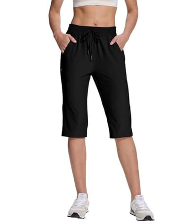 UPGET Womens Bermuda Shorts,15" Knee Length Capri Long Short Lightweight Quick Dry Hiking Shorts with Pockets for Walking Fishing Black XL - Image 1