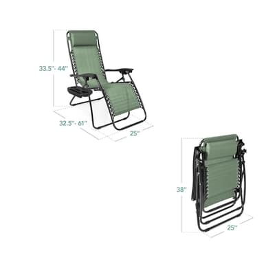 Best Choice Products Set of 2 Adjustable Steel Mesh Zero Gravity Lounge Chair Recliners w/Pillows and Cup Holder Trays - Sage Green - Image 3