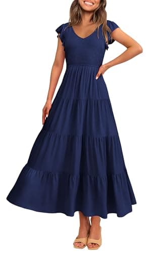 PRETTYGARDEN Women's Summer Flowy Maxi Dress Casual Cap Sleeve V Neck Smocked Beach Sundress (Solid Navy,Medium) - Image 1