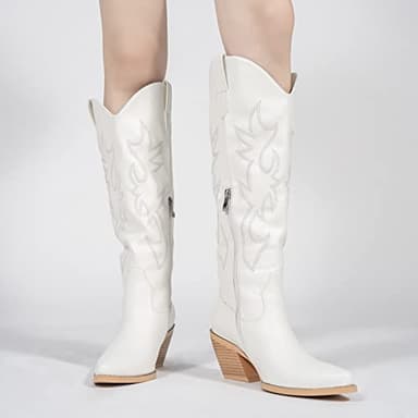 Pasuot Western Cowboy Boots for Women - Knee High Wide Calf Cowgirl Boots with Embroidery, Slip On Pointed Toe Chunky Heel Fashion Retro Classic Pull On Tall Boot for ladies Party concert White US 7 - Image 7