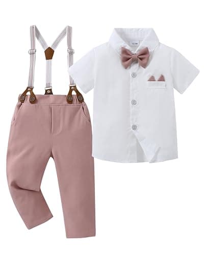 YALLET Toddler Baby Boy Clothes Suit Gentleman Wedding Outfits, Formal Dress Shirt+Bowtie+Suspender Pants(Pink, 3-4T) - Image 1