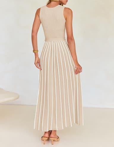 ZESICA Women's Summer Spring Midi Dress 2025 Sleeveless Ribbed Knit Tie Waist Casual A Line Sweater Dresses,Apricot,Small - Image 3