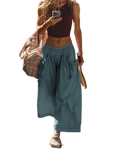 Hooever Women's Loose Wide Leg Track Pants Drawstring Pockets Elastic Waist Capri Hiking Pants(Bluegrey-L) - Image 1