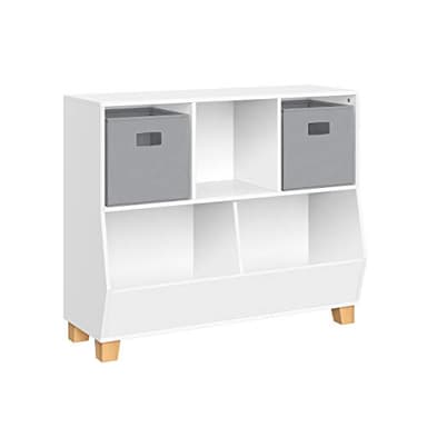 RiverRidge Catch-All Kids Toy Storage Organizer with 3 Cubbies and 2 Storage Bin Compartments - 35 Inch Wide White and 2 Gray Fabric Bins Kids Room Decor Toy Organizers and Bins - Image 1