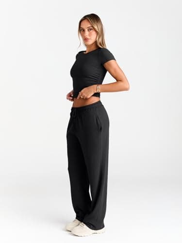 Trendy Queen Womens 2 Two Piece Set 2025 Summer Workout Beach Vacation Gym Clothes Fall Fashion Lounge Matching Sweatsuit Sweat Teacher School Wide Leg Pant Travel Outfit Fitness Athletic Clothing - Image 3