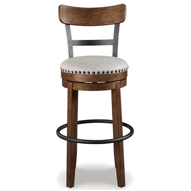 Signature Design by Ashley Valebeck | 30″ Farmhouse Pub-Height Swivel Barstool – Upholstered Cushion, Nailhead Trim, Metal & Wood Frame, Brown - Image 4