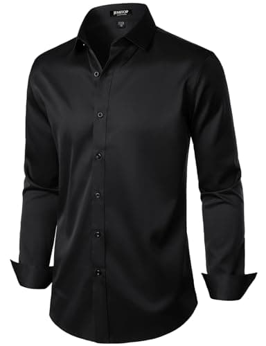 JEMITOP Men's Stretch Wrinkle Free Dress Shirts Formal Wedding Prom Long Sleeve Button Down Shirt Black XXL - Image 3