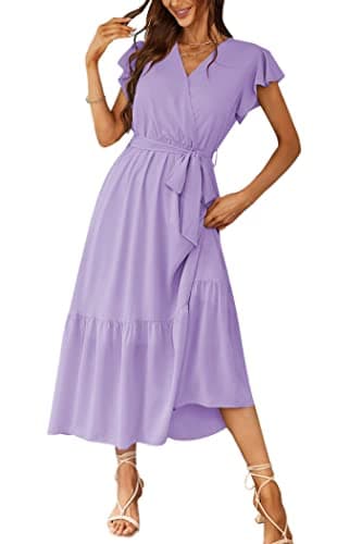 PRETTYGARDEN Women's Summer Floral Boho Dress Wrap V Neck Short Sleeve Ruffle A-Line Flowy Maxi Wedding Guest Dresses (Solid Purple,X-Large) - Image 1